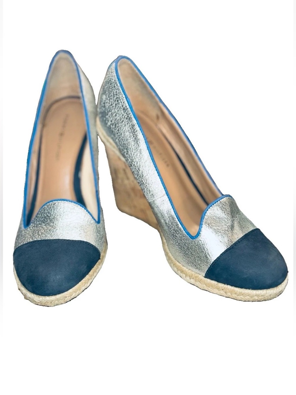 Tommy Hilfiger Silver Metallic Cork Wedge Espadrille Blue Cap Toe Pumps 6.5M